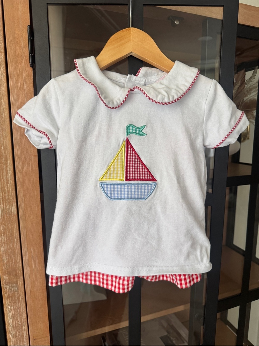 Stitchy Fish Set sailboat applique Blue Sky Breeze peter pan tee Diaper shorts